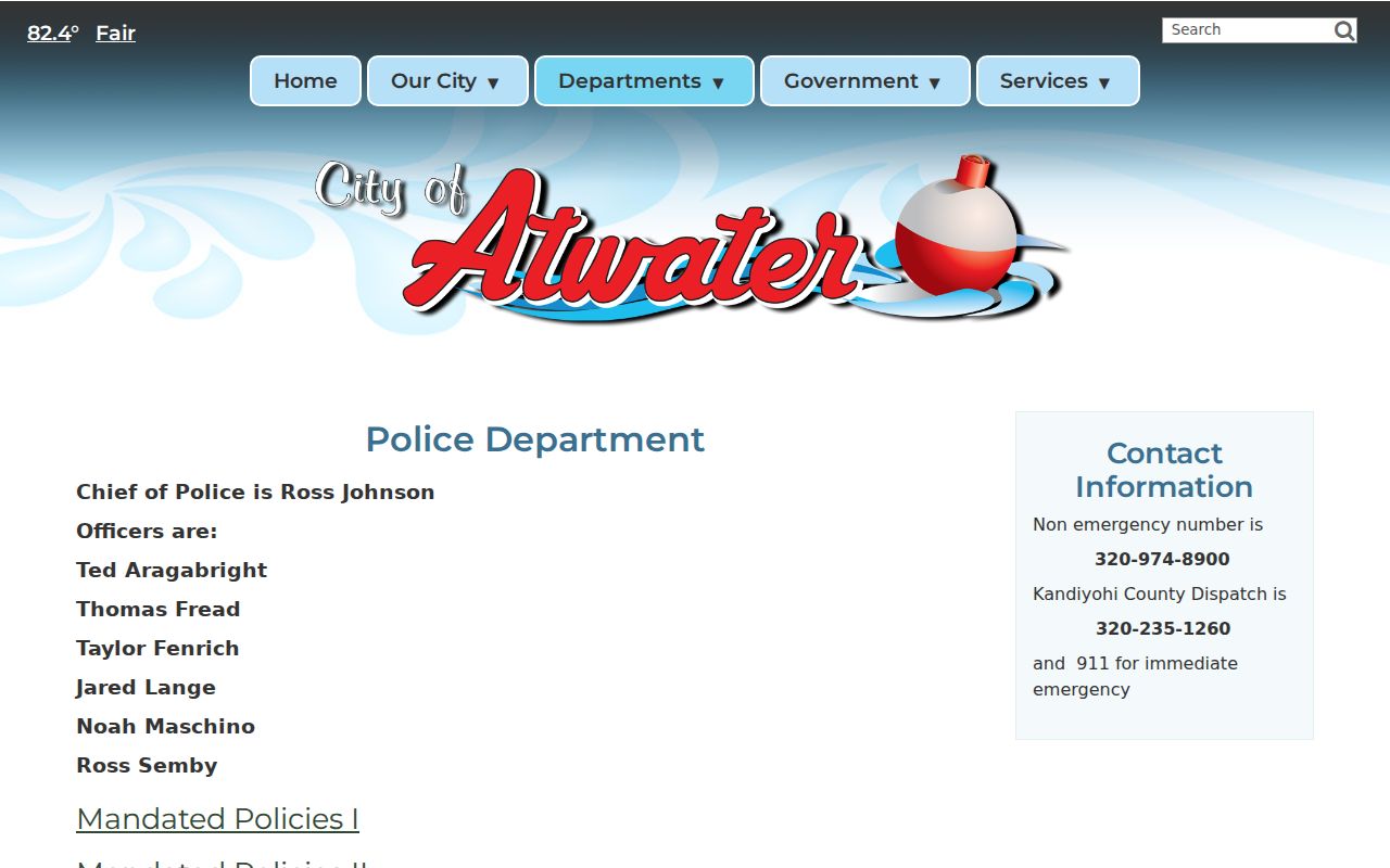Atwater Police contact page listing city police and county dispatch numbers for Atwater warrant records