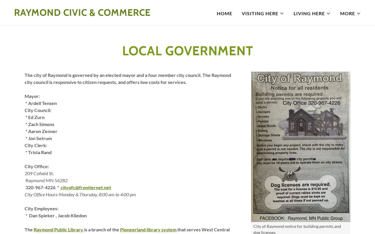 Raymond city office contact page and hours used for Raymond warrant records routing