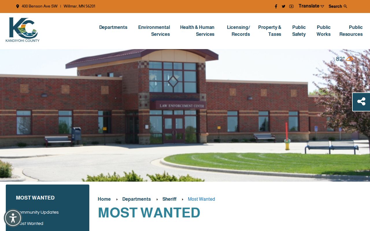 Kandiyohi County most wanted program navigation status on the sheriff site