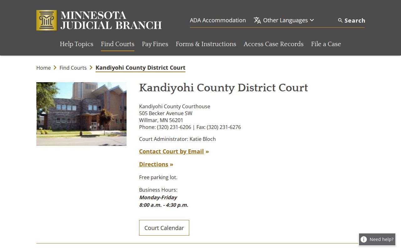 Kandiyohi County District Court page showing courthouse location and hours for warrant questions